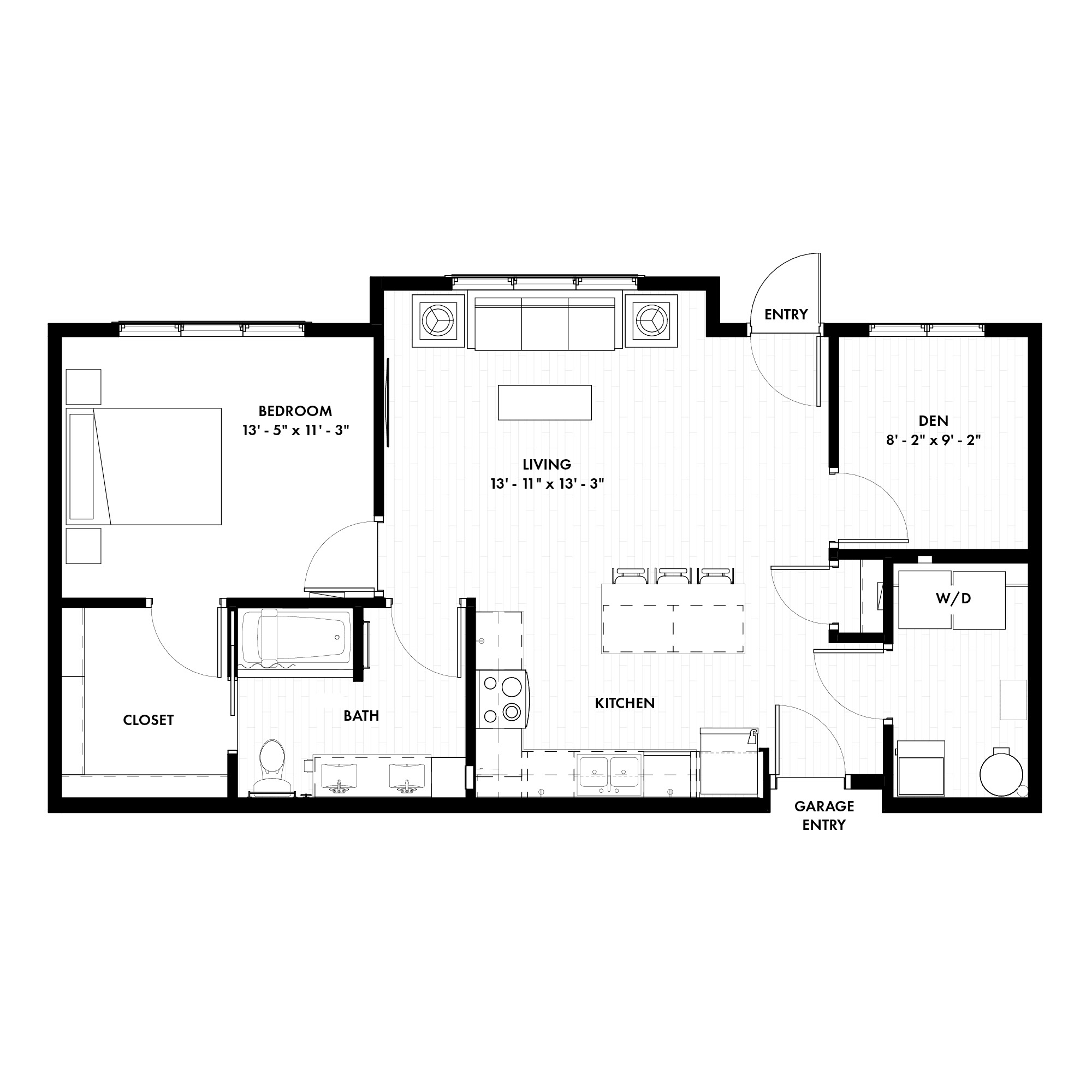 Floor plan graphic for a 1-bedroom unit with living room, kitchen, bath, and Den..