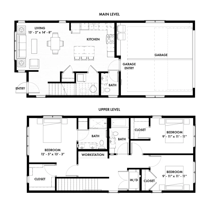 Graphic of a two-story house floor plan. Main level has living, kitchen, garage. Upper level has three bedrooms, two baths.