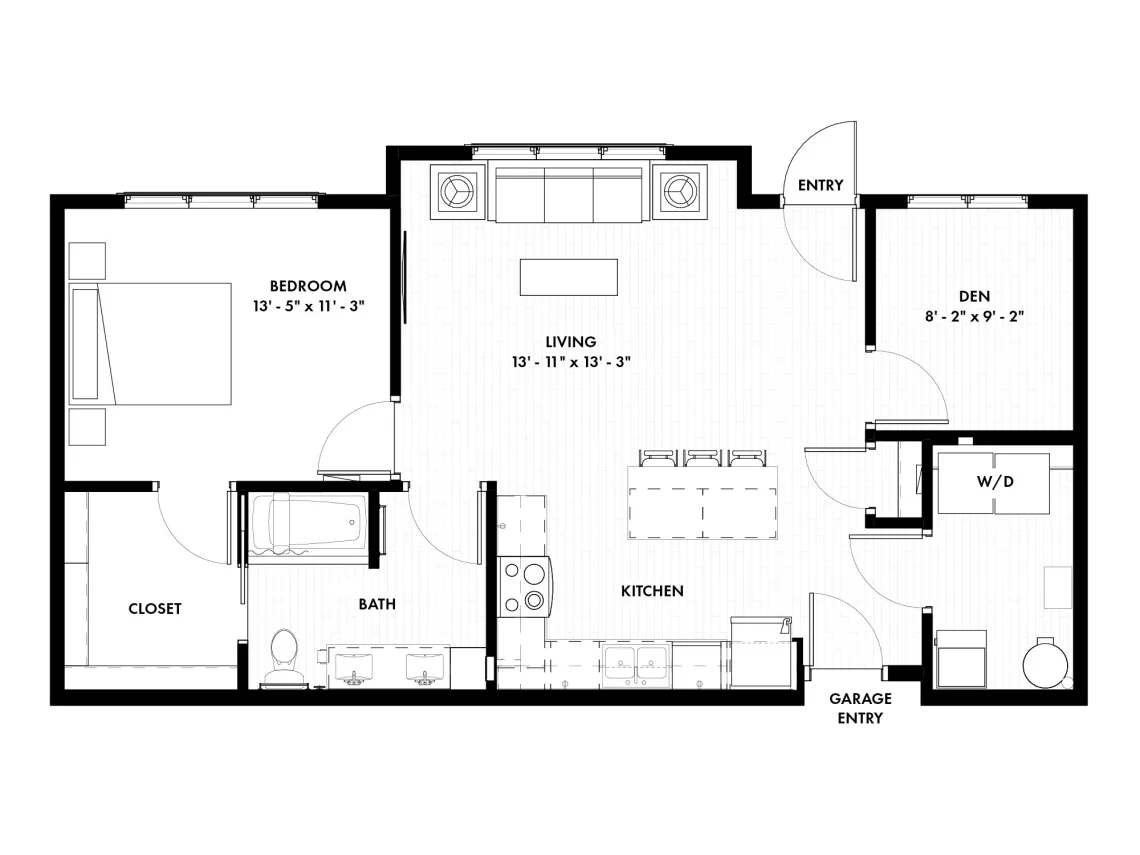 Floor plan graphic for a 1-bedroom unit with living room, kitchen, bath, and Den..
