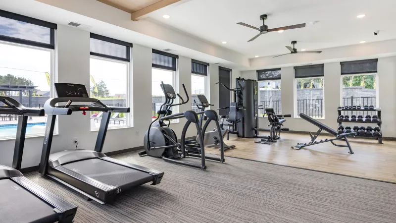 Spacious, well-lit gym with treadmills, ellipticals, weight machines, and dumbbells. Large windows offer a view of an outdoor pool.