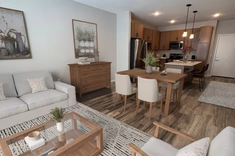 modern model unit with kitchen and living room