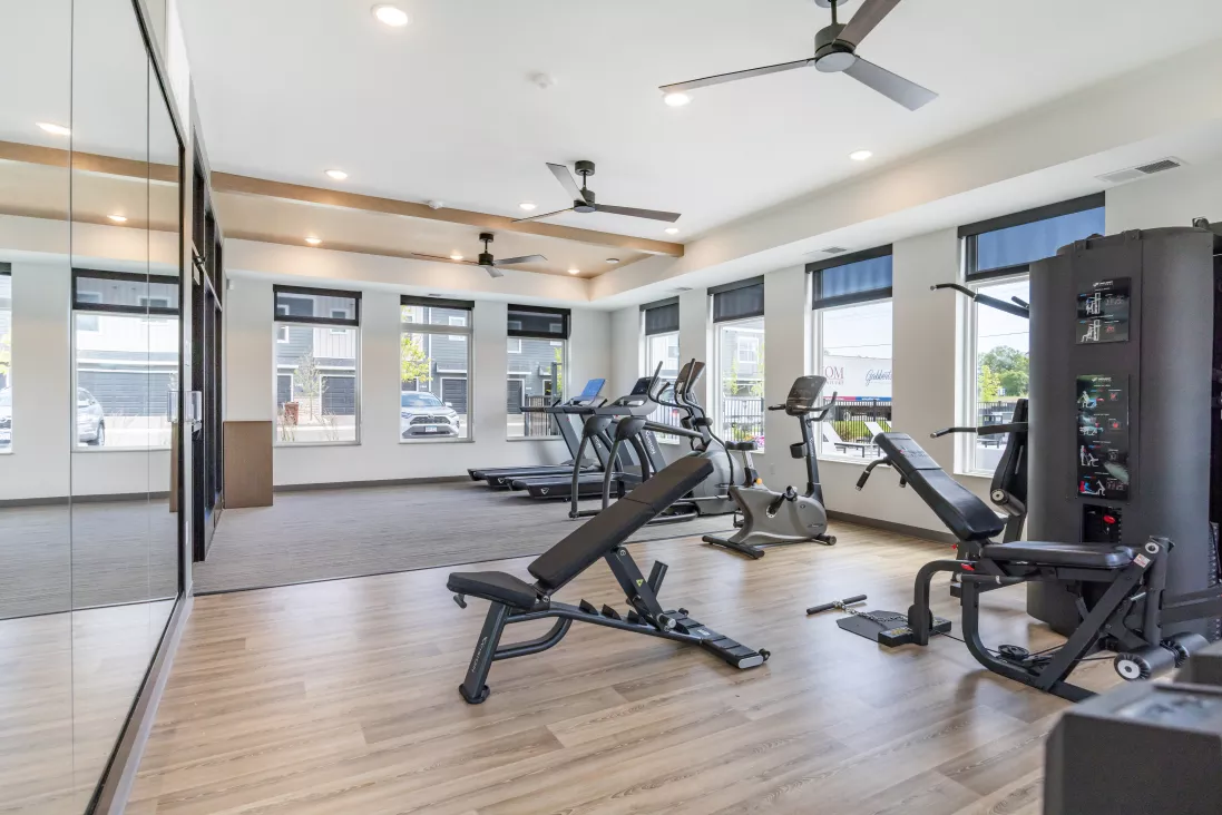 Bright gym with a weight bench, treadmills, exercise bikes, and a large mirror.